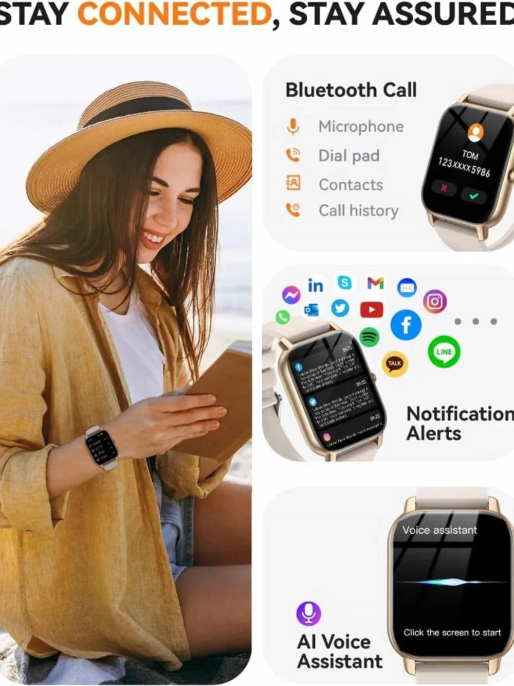 Stylish Waterproof Smart Watch for Men & Women, Fitness Tracker & Sleep Monitor
